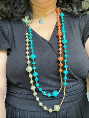 Noonday Collection Turquoise, Orange, & Gray Layered Paper Bead Necklace